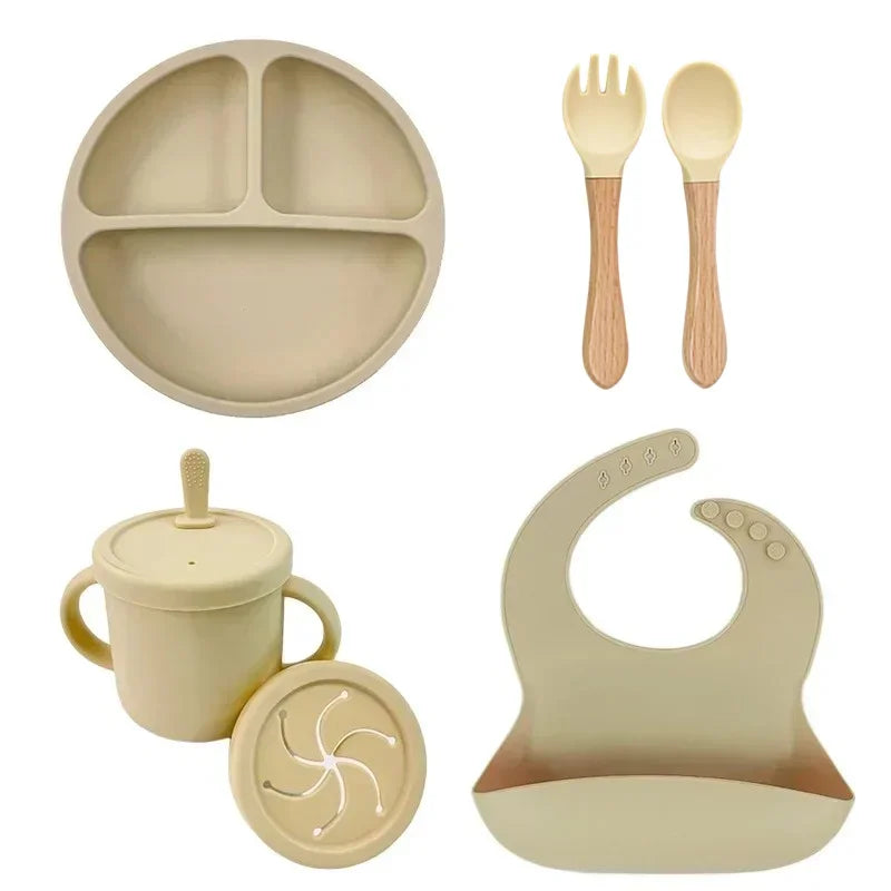 Juego de platos de silicona de grado alimenticio para niños, tazón de alimentación de bebé, plato de succión, taza de paja, cuchara de madera, tenedor, vajilla para niños, platos para niños pequeños