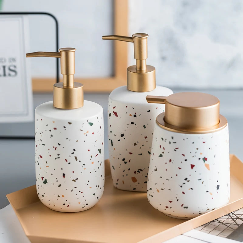 Dispensadores de jabón portátiles de cerámica, botella de líquido para lavar las manos, botella de loción con patrón de terrazo, botella de jabón, dispensadores de jabón para Baño