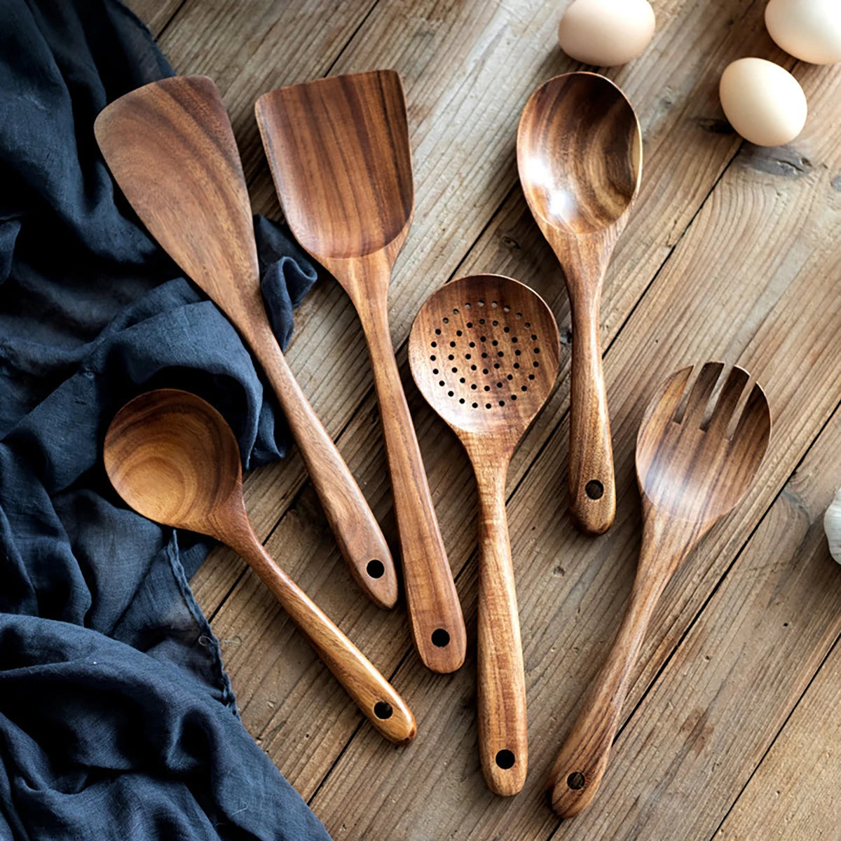 Utensilios de cocina de madera, juego de cuchara y espátula para el hogar, cuchara para ensalada, tenedor, cuchara agitadora, juego de cocina para hornear con cubo de almacenamiento
