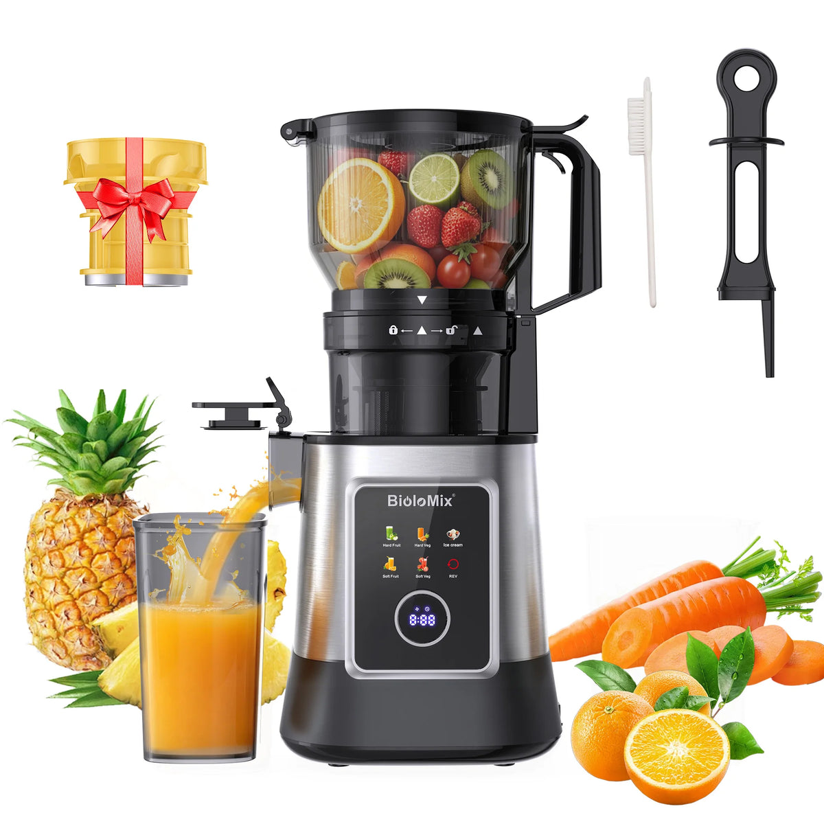 Extractor de Jugos Eléctrico Multifunción 3 en 1 BioloMix – Toma de Alimentación Ancha de 150 mm, Motor de 300 W con Pantalla Digital para Jugos Ricos en Nutrientes