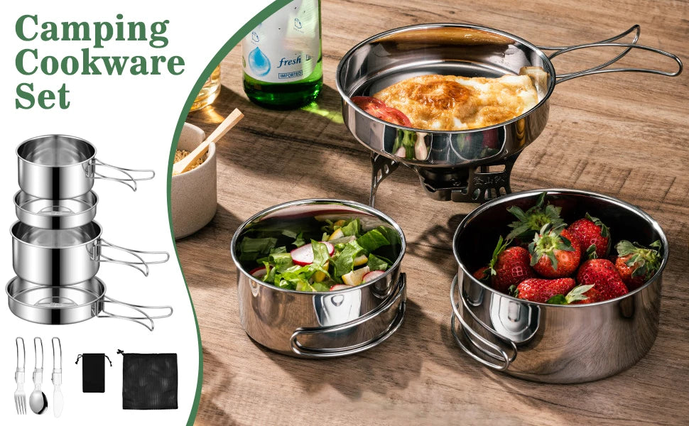 Juego de utensilios de cocina para acampar, olla de cocina de acero inoxidable con sartén, utensilios de cocina portátiles para exteriores, olla para Picnic, mochilero, Camping y senderismo