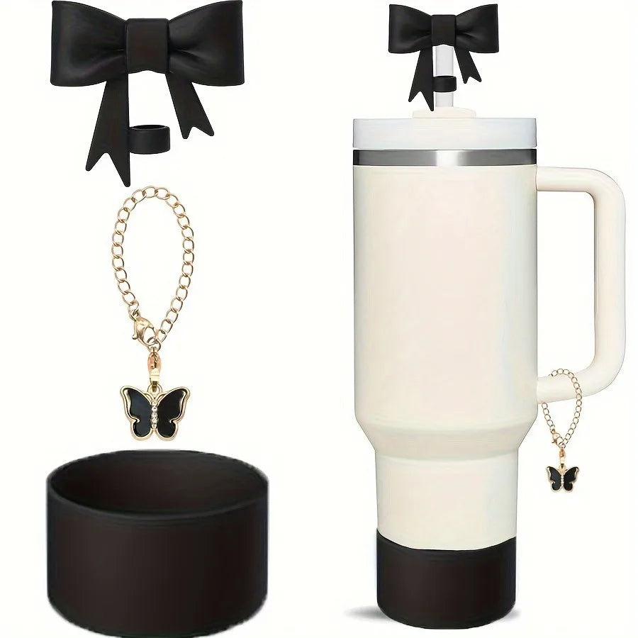 Juego de 3 Cubiertas de Silicona para Vasos con Diseño de Lazo y Cadena de Mariposa Rosa, Accesorios para Vasos de 30/40 oz ﻿
