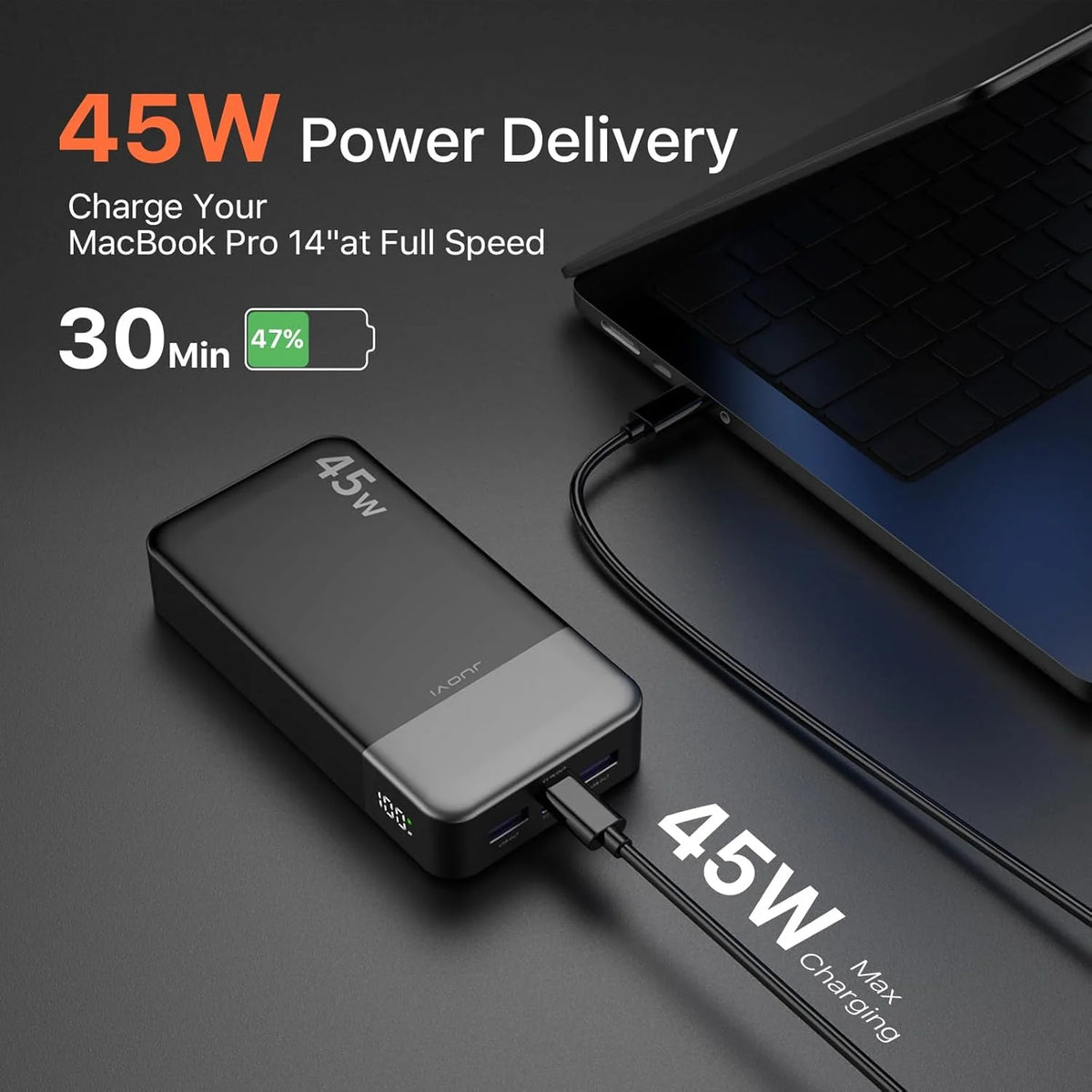 Banco de Energía JUOVI de 20000 mAh, Cargador Portátil de Carga Rápida de 45 W, Batería Externa con Pantalla LED para iPhone, Android y Laptop
