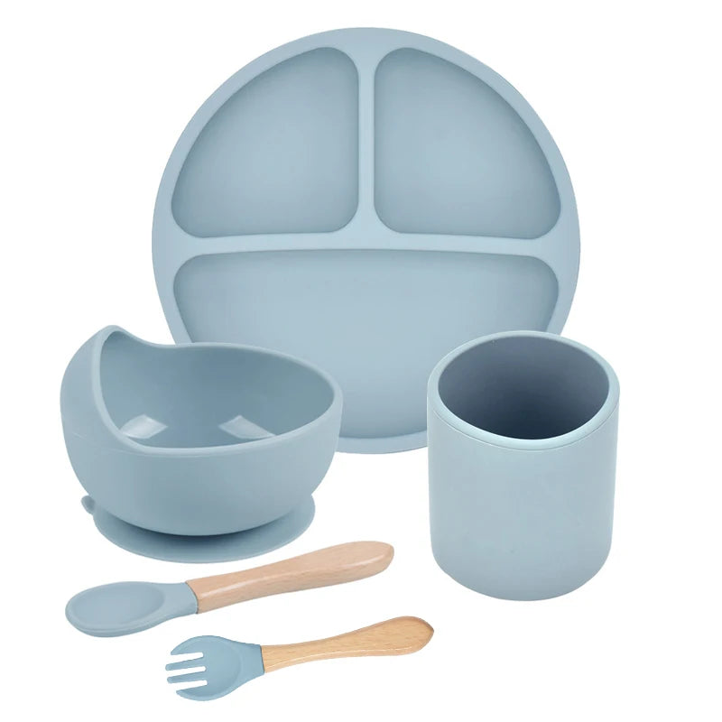 Juego de alimentación de silicona para bebé, cuenco de silicona, plato de comedor, cuchara, tenedor, platos para niños, vajilla de silicona sin BPA, 3/4/5 Uds.