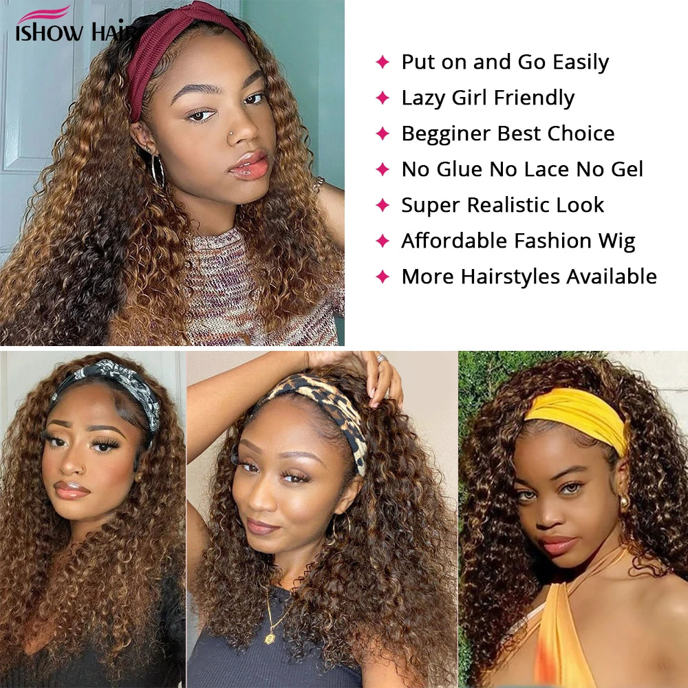 Peluca con diadema P4/27, cabello humano resaltado, pelucas de cabello humano rizado de onda profunda de 250 de densidad, peluca completa hecha a máquina de color rubio miel