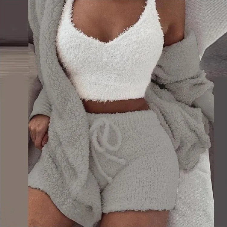 Conjunto de pijamas de terciopelo para mujer, Top corto, pantalones largos y abrigo, traje de 3 piezas, ropa de casa cálida y suave de lana, S-3XL, novedad de Otoño Invierno 2026