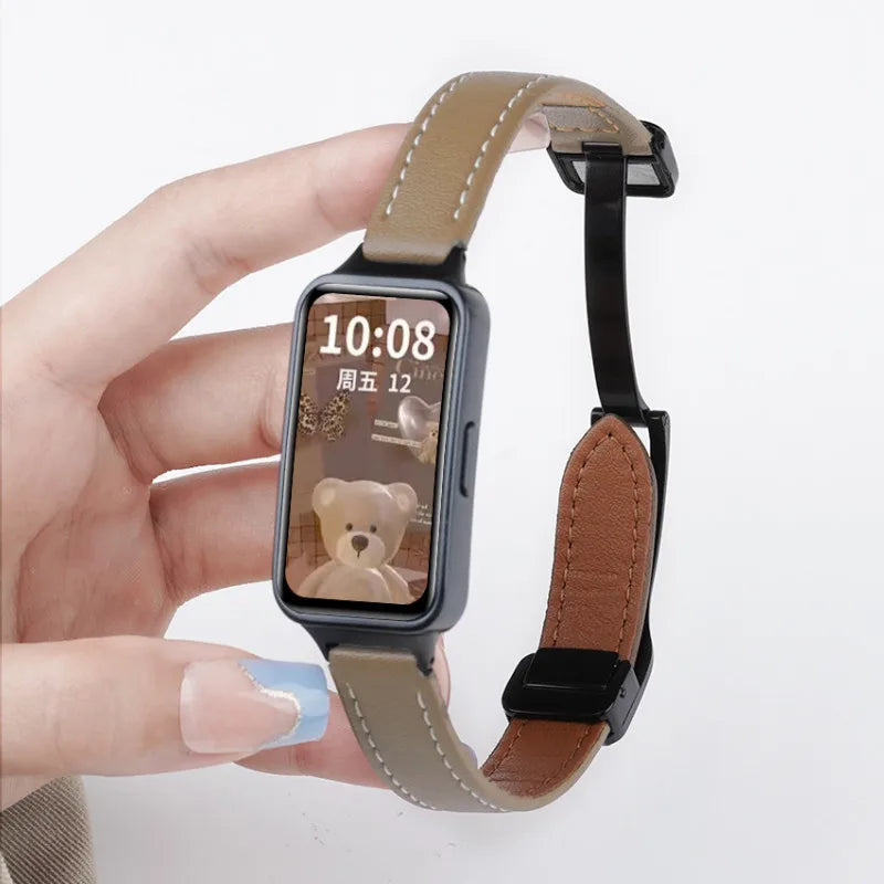 Correa de cuero magnética para Huawei Band 10, 9, 8, NFC, repuesto deportivo suave, Correa transpirable, pulsera, accesorios