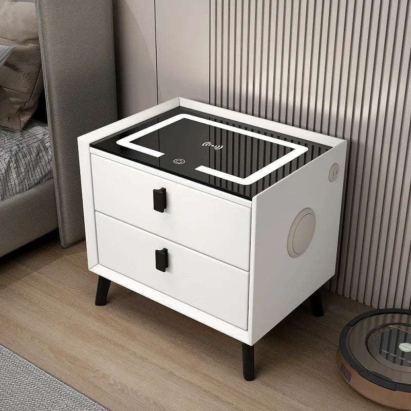Mesita de noche de madera inteligente con altavoz cargador inalámbrico, mesita de noche minimalista moderna de dos cajones, muebles multifuncionales para el hogar
