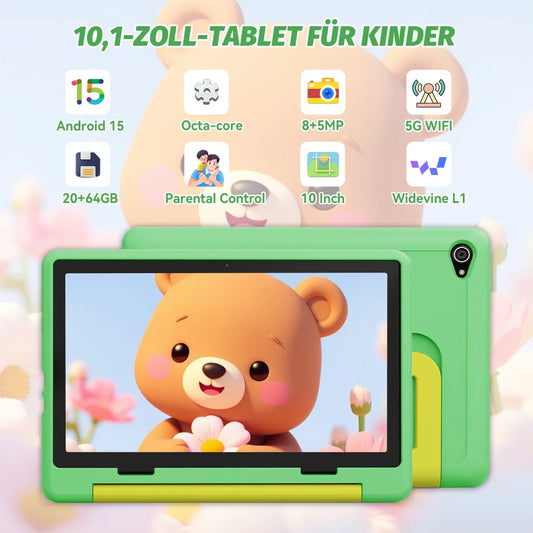 Tablet Infantil de 10 Pulgadas, Android 15, 20GB de RAM, 64GB de ROM, Expandible a 128GB, 5000mAh, 8 Núcleos, WiFi, Bluetooth, Regalo para Niños, Software KIDOZ