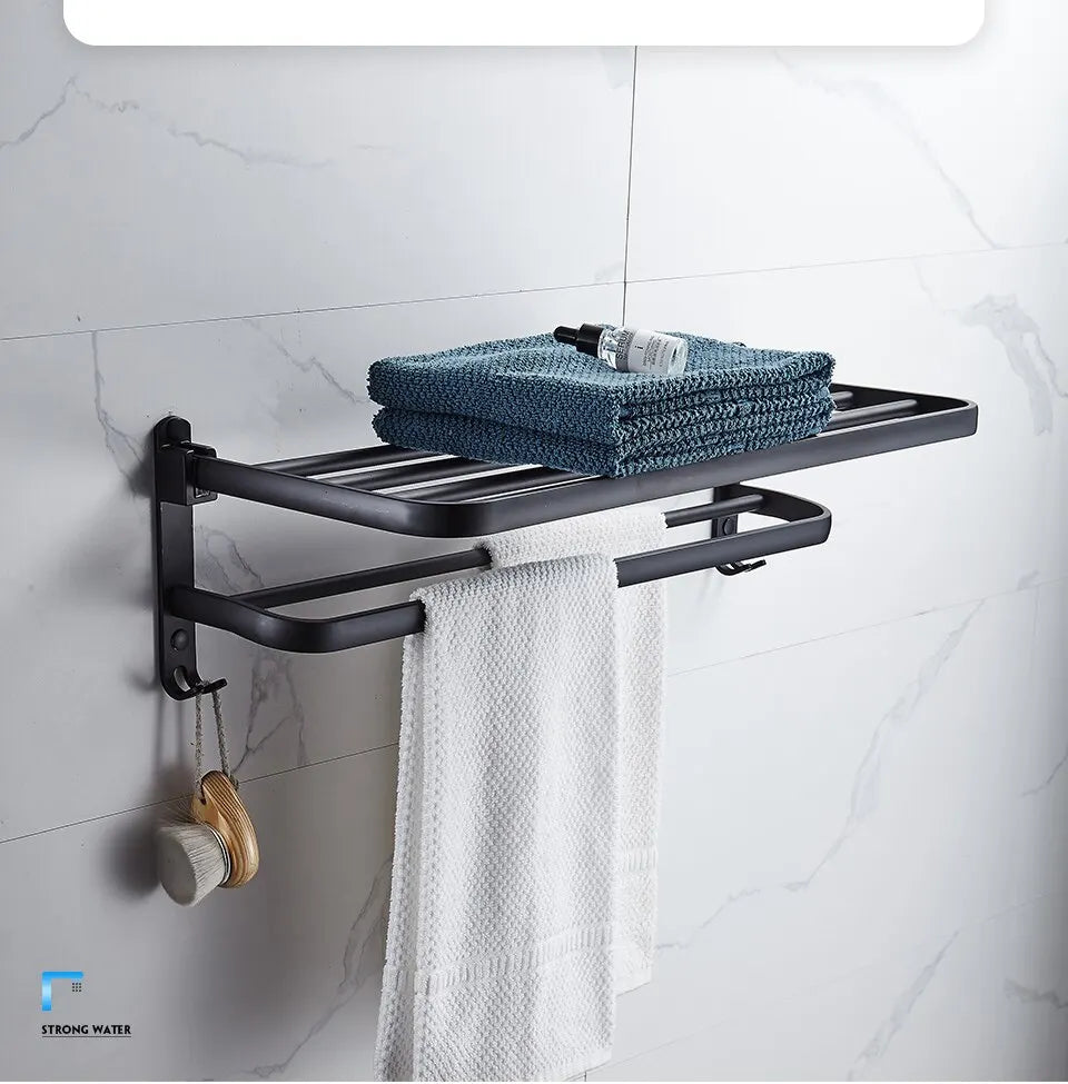 Soporte plegable negro mate de 50cm con gancho, soporte para toallas de pared, soporte para toallas de aluminio