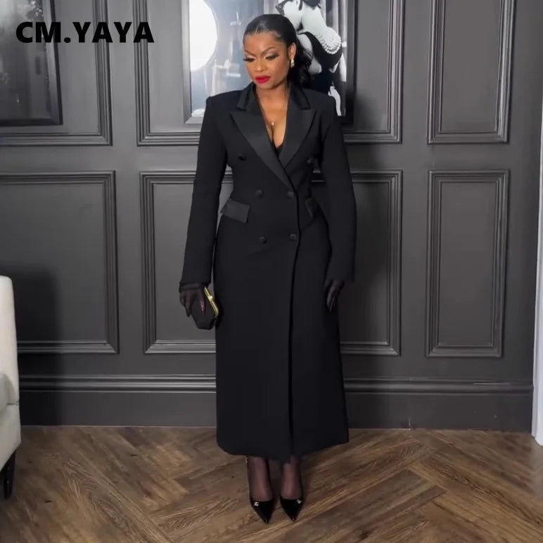 CM.YAYA moda mujer OL trabajo doble botonadura con muescas manga larga Maxi vestido primavera Sexy noche elegante fiesta calle vestidos largos