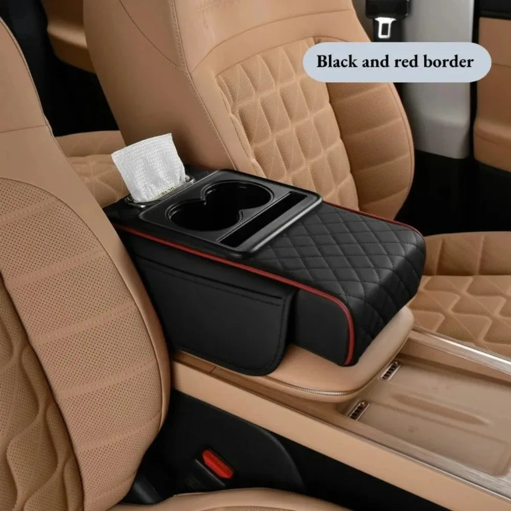 Cojín para reposabrazos de consola central de coche con 2 portavasos, almohadilla para reposabrazos de cuero PU, funda de almohada portátil para reposabrazos de coche, almohadilla de altura