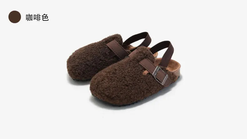 Zapatilla peluda cálida para bebés y niñas, sandalias de felpa, zapatos planos de piel sintética de corcho, zapatilla Prewalker para niños pequeños, correa trasera elástica
