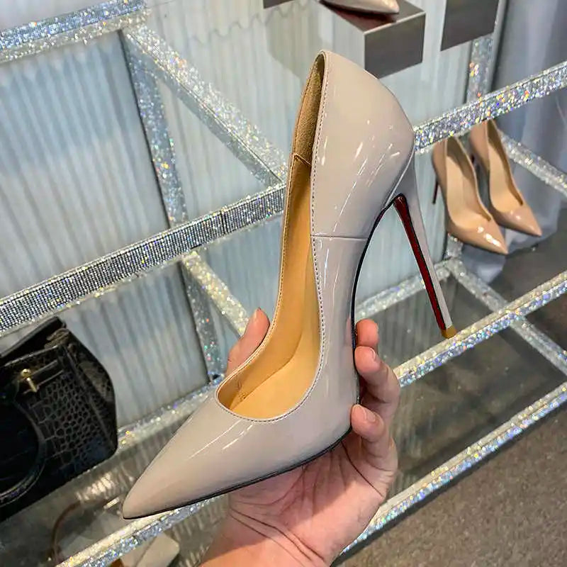 Zapatos de mujer 2025, marca de lujo, zapatos de tacón con suela roja, fondo rojo, puntiagudos, tacones altos de diseñador, zapatos elegantes de fiesta a la moda para mujer, 12cm