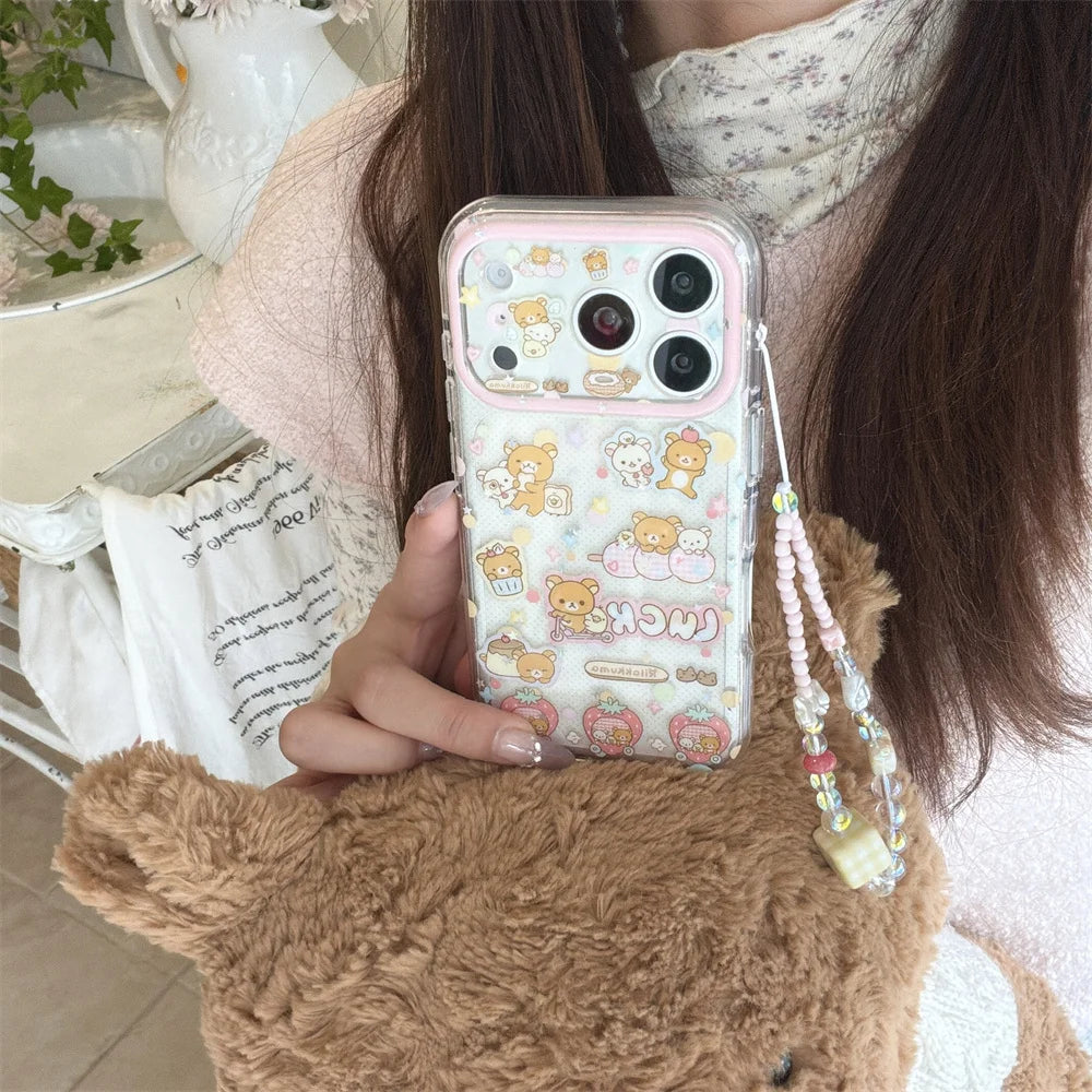 Funda de Teléfono con Diseño de Rilakkuma y Fresas para iPhone 17 Pro, 16 Pro Max, 15 Pro, con Cadena, Fundas Kawaii de Dibujos Animados, Antigolpes