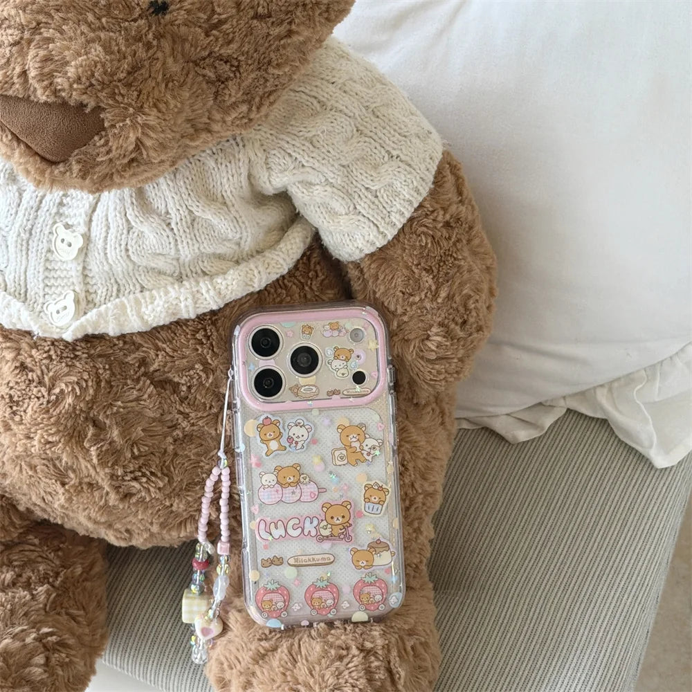 Funda de Teléfono con Diseño de Rilakkuma y Fresas para iPhone 17 Pro, 16 Pro Max, 15 Pro, con Cadena, Fundas Kawaii de Dibujos Animados, Antigolpes
