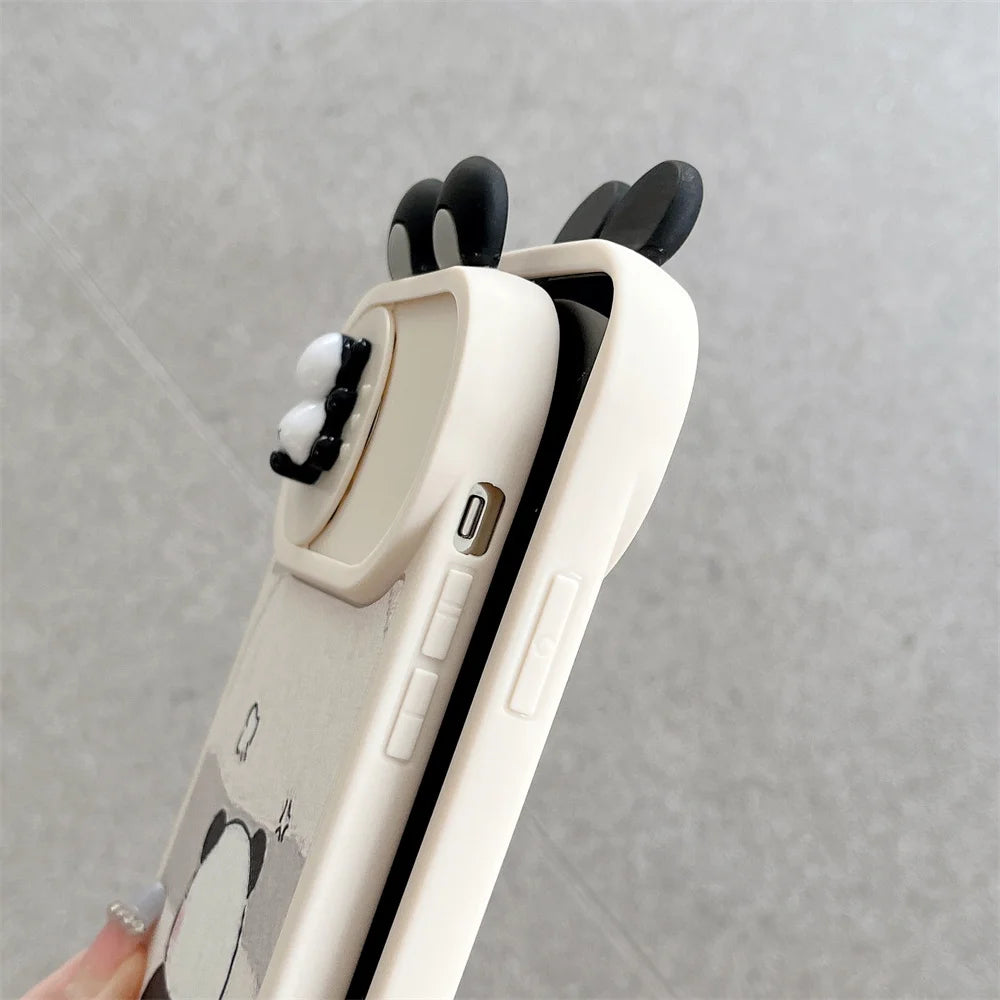 Ins 3D Panda Slide cámara protección funda de teléfono de silicona para iPhone 16 14 12 13 15 Pro Max 11 orejas de dibujos animados cubierta trasera a prueba de golpes