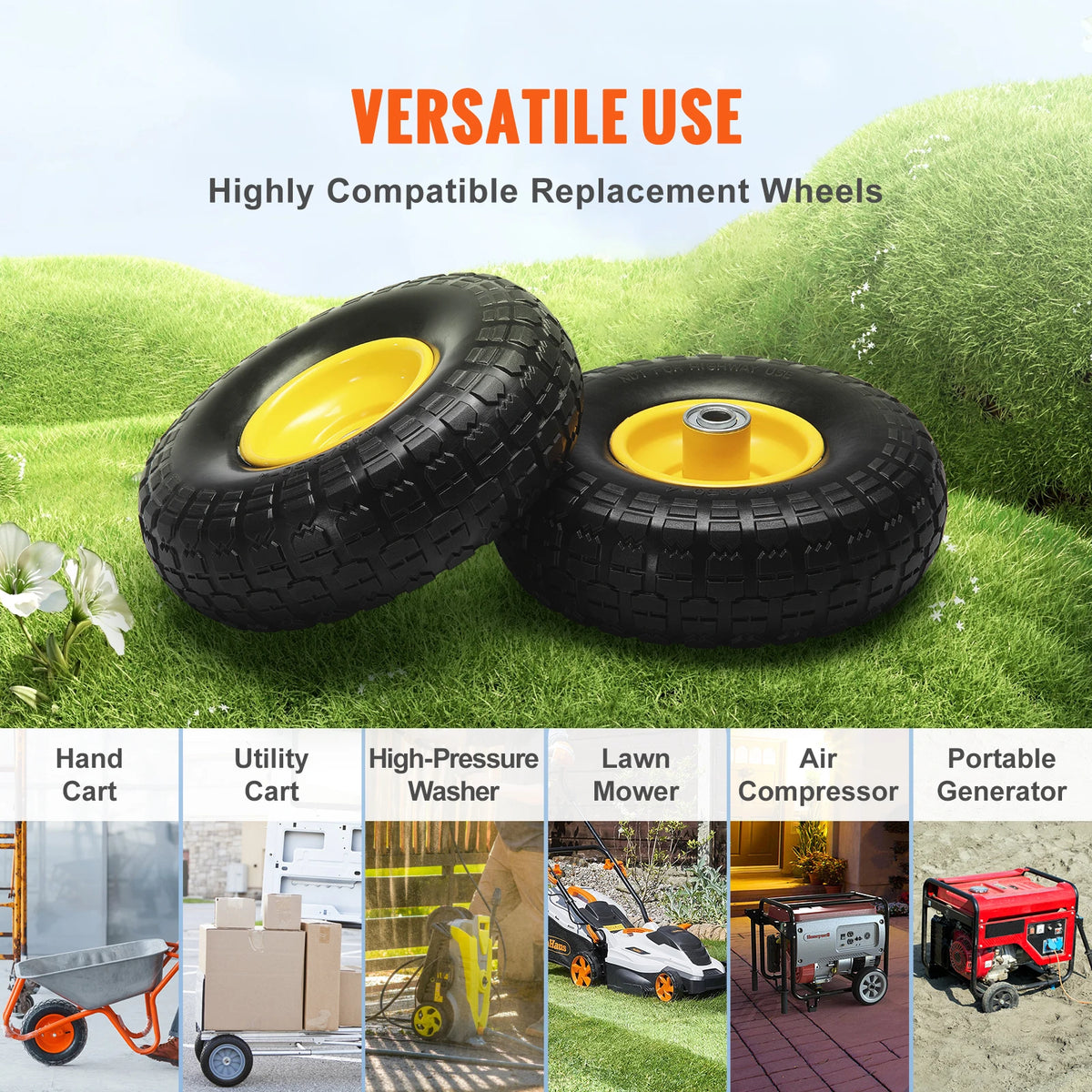 SucceBuy Paquete de 2 ruedas de neumáticos planos sólidos de PU, neumáticos y ruedas sin cámara planos de 10 "para remolques de jardín Dollies, varios carritos
