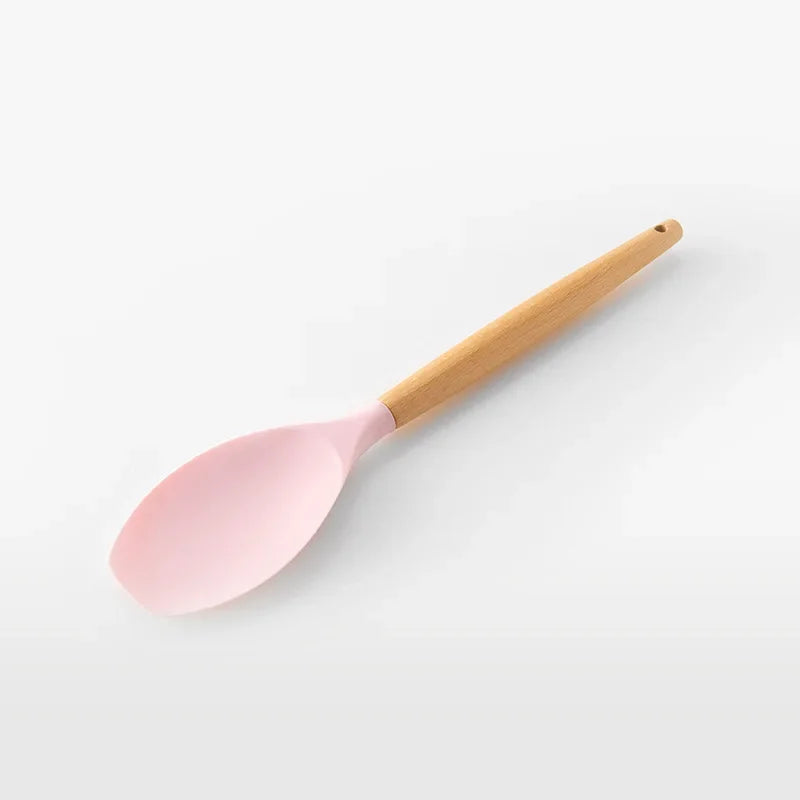 Utensilios de cocina de silicona con mango multifunción de madera, espátula antiadherente, cucharón, batidor de huevos, pala, rosa, nuevo