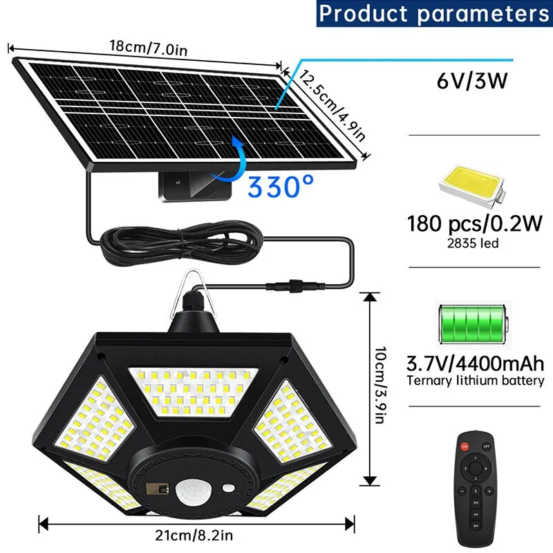 Luz Solar para cobertizo, lámpara colgante para interior y exterior, 180 LED, 1000LM, con Control remoto, para Granero, Gazebo, garaje