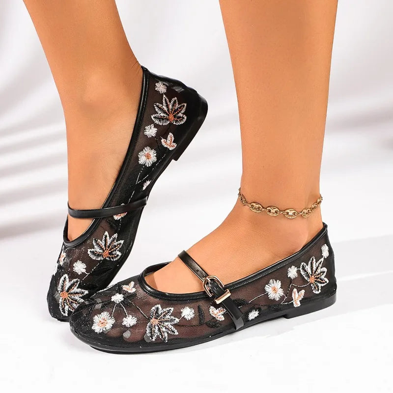 Zapatos Mary Jane de malla con bordado floral de primavera para mujer, zapatos con correa y hebilla concisa, zapatos de suela suave, zapatos planos de ballet transpirables para mujer
