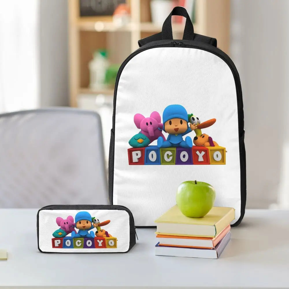 Mochila azul de dibujos animados de Pocoyo para niños, mochila escolar, bolsos de hombro para ordenador, bolsa de almuerzo aislada de 3 piezas, estuche para lápices