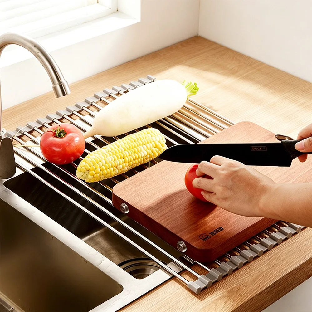 Escurridor de Platos Plegable de Acero Inoxidable, Ahorra Espacio, Organizador de Almacenamiento para Secar Platos, Frutas y Verduras en la Cocina
