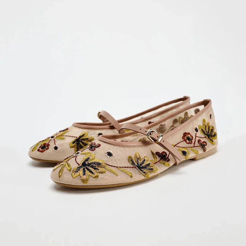 2026 zapatos Mary Jane bordados de primavera para mujer, zapatos de suela blanda transpirables para exteriores, zapatos planos de Ballet cómodos sin cordones para mujer