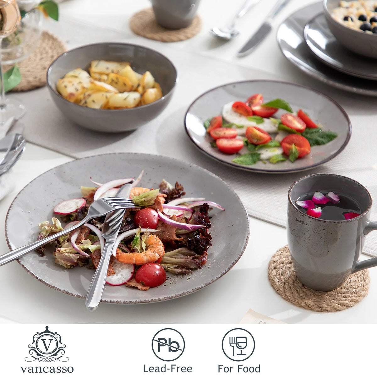 Vajilla de cerámica de gres, conjunto de taza, plato de cena, plato de postre y cuenco de 800 ml, modelo Vancasso VC-NAVIA-2-SLX123, color gris, desde 16, 32 y 48 piezas