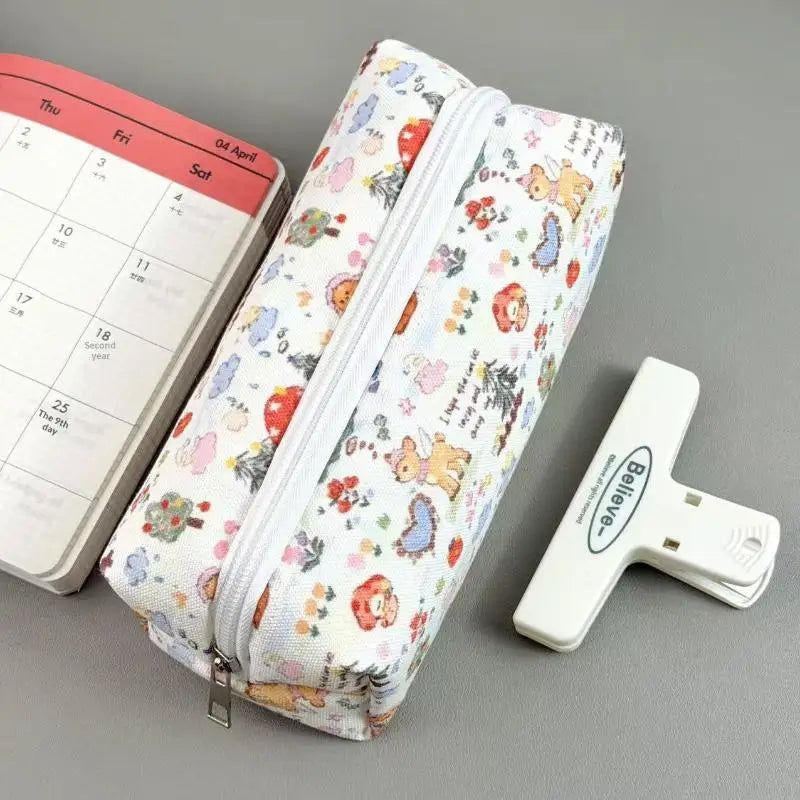 Bolsa de lona con cremallera para lápices, diseño de animales y flores, para la escuela, oficina y uso diario, suministros de papelería para estudiantes