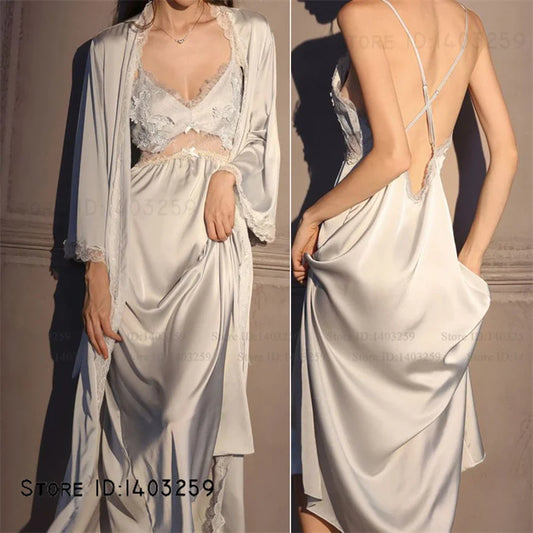Conjunto de bata larga elegante para mujer, camisón de lencería Sexy, camisón con espalda descubierta, ropa de dormir para el hogar, ropa de dormir de satén de seda