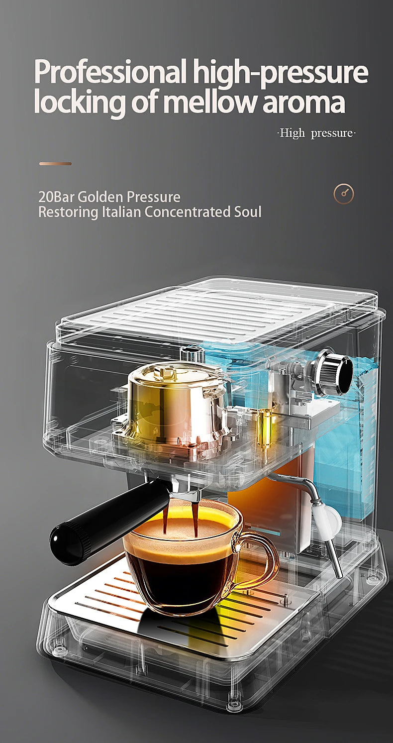 Cafetera Espresso de 20 Bares de Presión, Calentamiento Rápido en 20s, Extracción Automática, Espumador de Leche, Cafetera Barista para el Hogar, Tanque de Agua de 1.5L