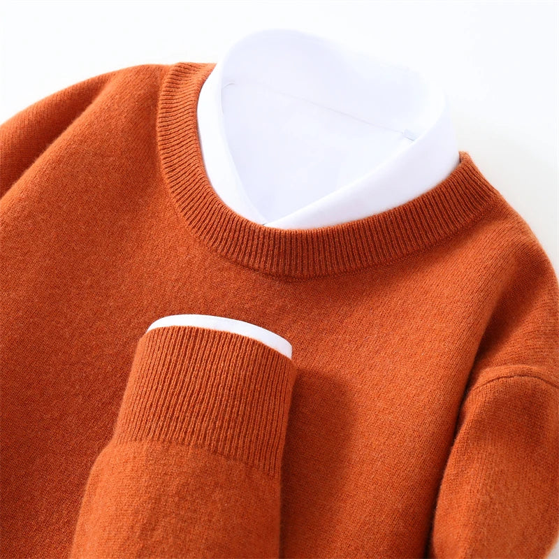 Otoño/Invierno, jersey de cachemira pura de 100% para hombre, suéter de punto liso informal de negocios, Tops sueltos de cuello redondo, jersey grueso y cálido