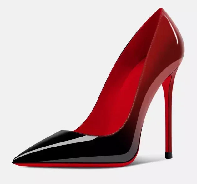Nuevos tacones altos negros puntiagudos de 12 cm para mujer, tacones delgados con temperamento sexy, boca poco profunda, zapatos individuales con suela roja 34-46
