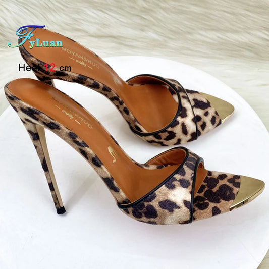 2025 Leopard Print Slim High Heels 10cm 12cm Women's Shoes Metal Pointed Head Ladies Pumps One Word Suede Slippers Casual Shoes