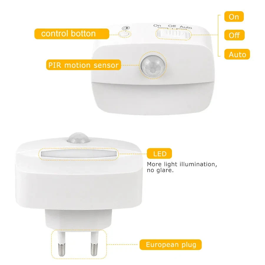 Luz LED nocturna con enchufe UE EE. UU., luz con Sensor de movimiento inteligente, lámpara de pared de 220V para el hogar, pasillo, escalera, cocina, dormitorio, lámpara de noche