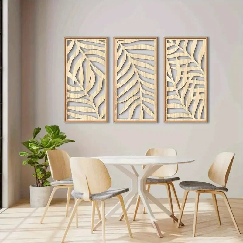 3 uds. Decoración de pared de madera tallada de hojas abstractas modernas, arte de madera hueco de Palma Tropical, decoración del hogar