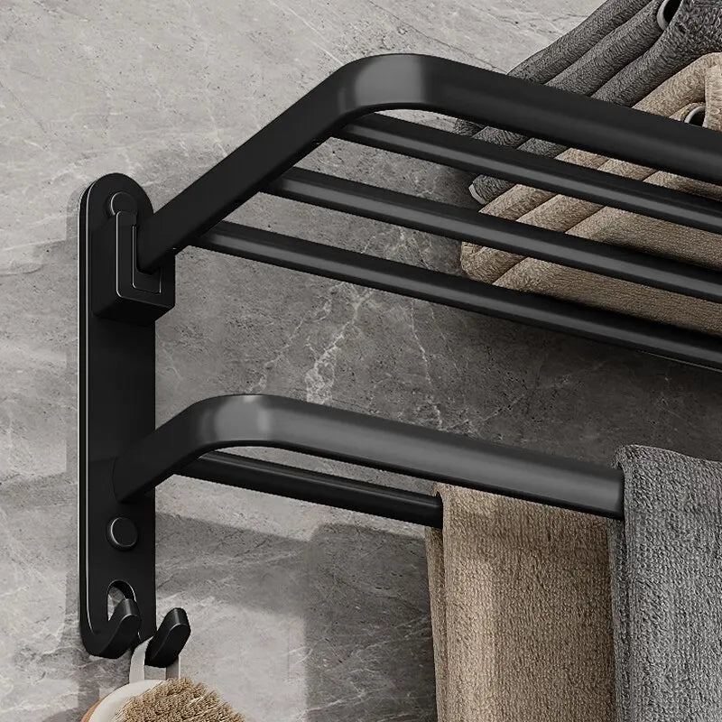 Soporte plegable negro mate de 50cm con gancho, soporte para toallas de pared, soporte para toallas de aluminio