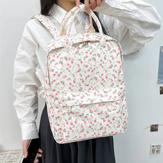 Mochila de moda de gran capacidad para mujer, mochila con estampado de flores y asa para estudiantes, mochila escolar de nailon de estilo japonés para estudiantes