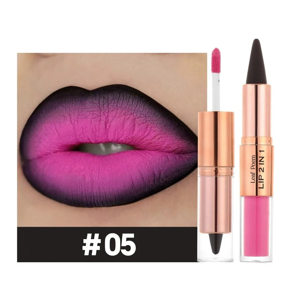 Delineador de Labios 2 en 1 de Doble Punta, Acabado Mate, Antiadherente, Resistente al Agua, Punta Cónica, Brillo Labial Mate de Larga Duración para Uso Diario