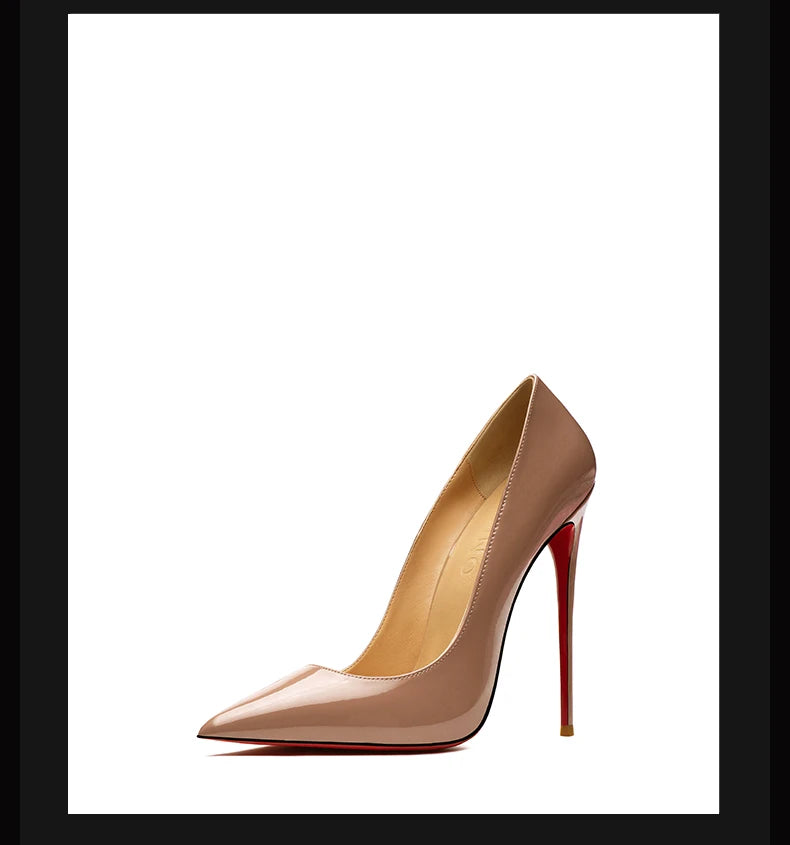 Zapatos de mujer 2025, marca de lujo, zapatos de tacón con suela roja, fondo rojo, puntiagudos, tacones altos de diseñador, zapatos elegantes de fiesta a la moda para mujer, 12cm