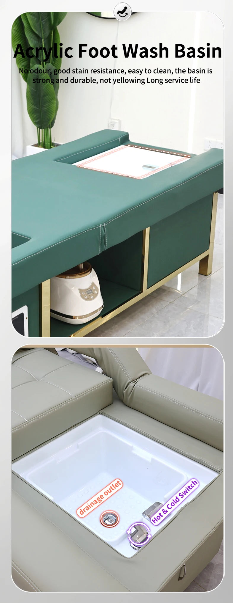Mesa de Masaje Tailandesa de Diseño Moderno, Cama Eléctrica para Lavado de Cabello, Equipo de Spa Capilar, Cama Reclinable para Salón de Belleza con Lavabo de Cerámica y Reposapiés