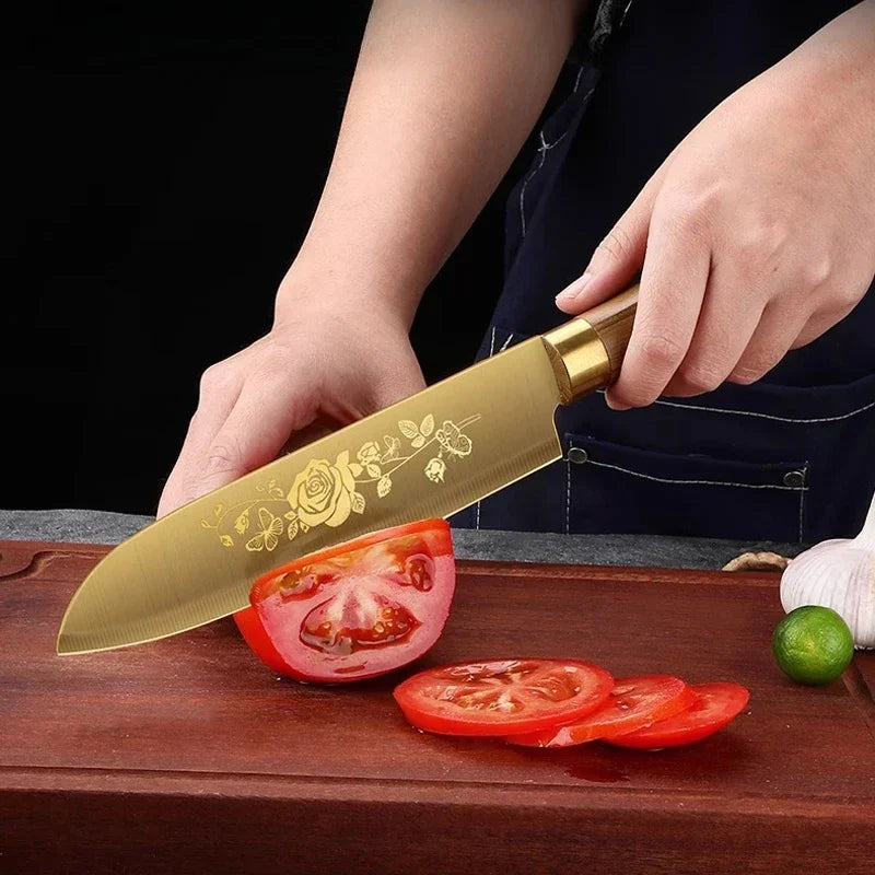 Juego de cuchillos de cocina de lujo dorados, ultra afilados, con hoja de acero inoxidable de primera calidad con revestimiento de titanio y mango de madera para cocinar, 4 piezas