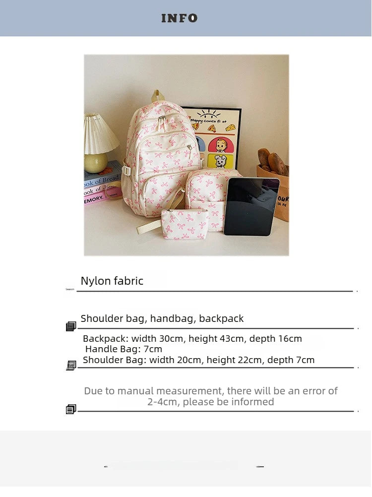 Juego de 3 Bolsas Escolares con Lazo, Mochila de Gran Capacidad, Mochila Casual de Viaje, Mochila Versátil, Bolsa Cruzada, Bolsas para Niñas