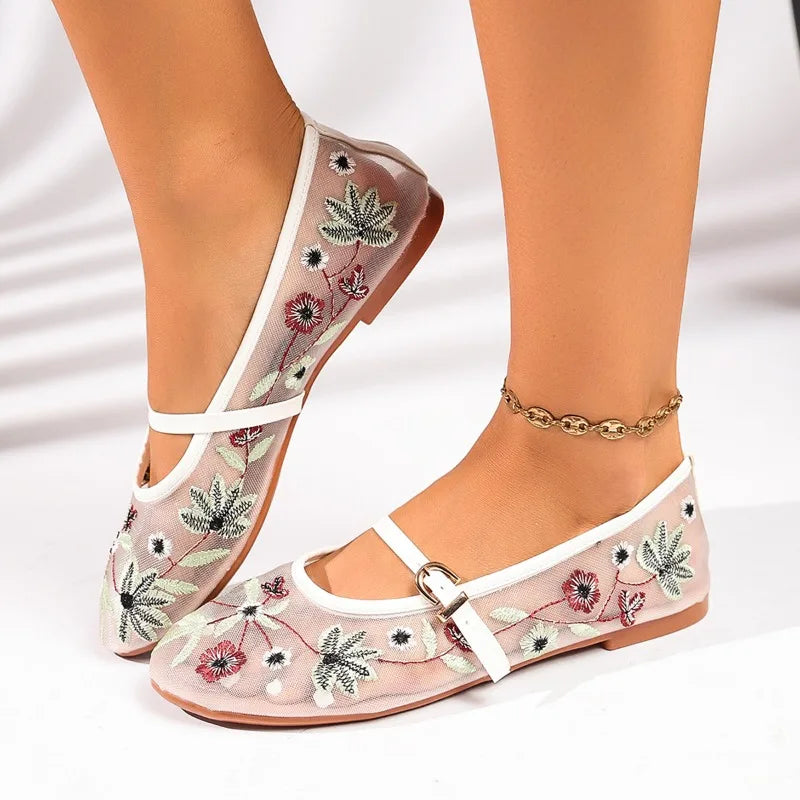 Zapatos Mary Jane de malla con bordado floral de primavera para mujer, zapatos con correa y hebilla concisa, zapatos de suela suave, zapatos planos de ballet transpirables para mujer