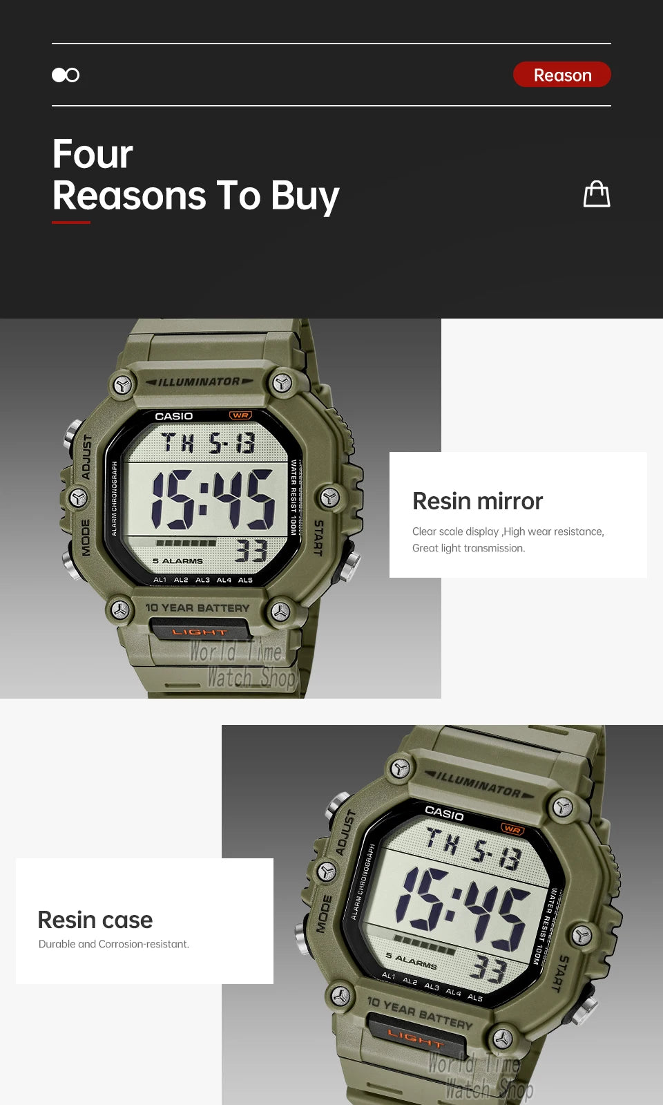 Reloj Casio con batería de 10 años de duración, 100m, resistente al agua, moda deportiva, reloj electrónico multifunción para exteriores, reloj masculino AE-1600