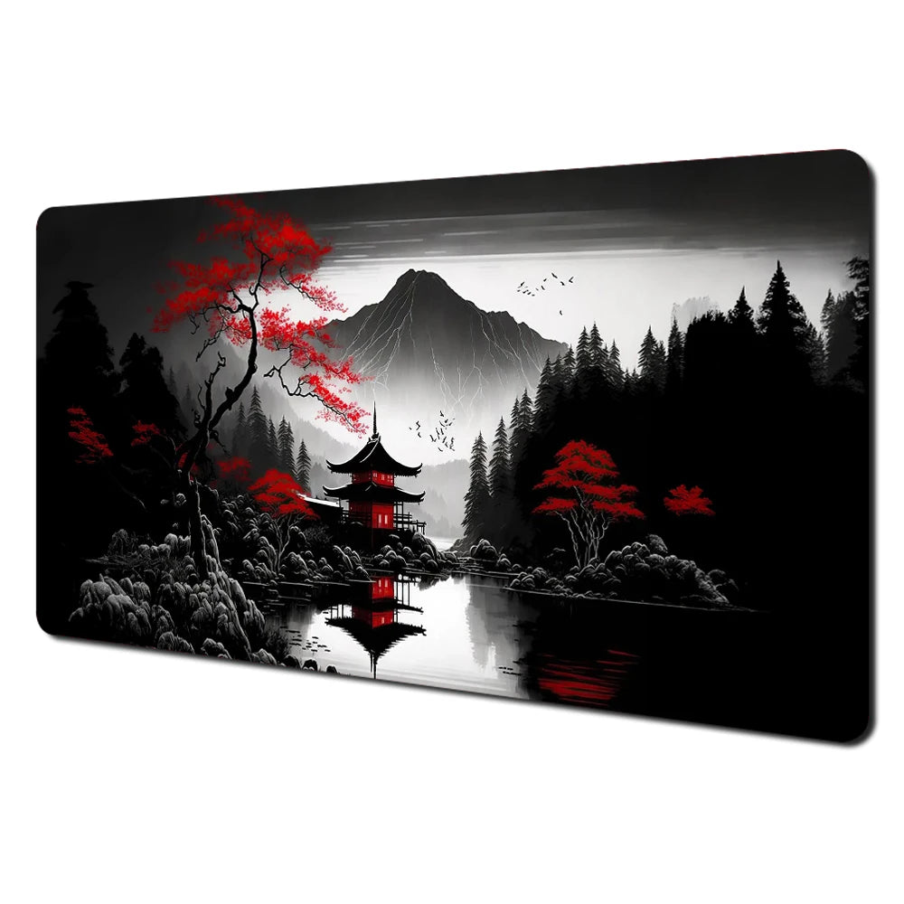 Alfombrilla de ratón grande con paisajes artísticos en rojo y negro, alfombrilla de escritorio duradera antideslizante, accesorios de oficina, alfombrilla para teclado y ratón, Tapis De Bureau