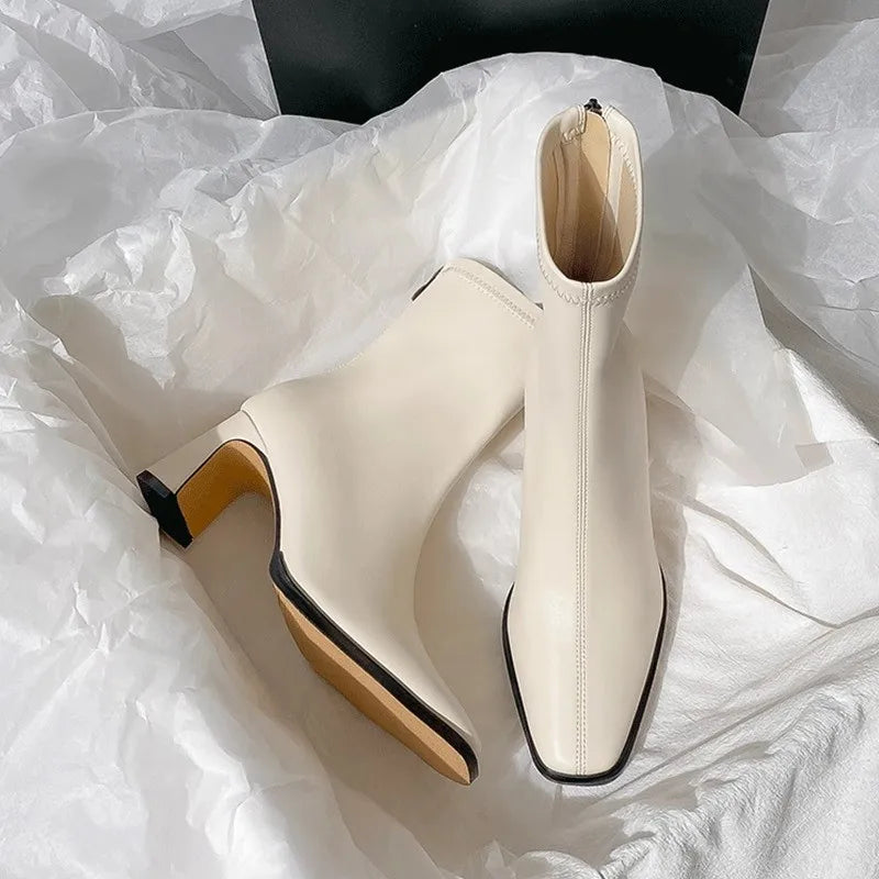 Botines cuadrados de otoño, cómodas botas de tacón alto de cuero suave, zapatos de mujer de temperamento Simple con cremallera a la moda