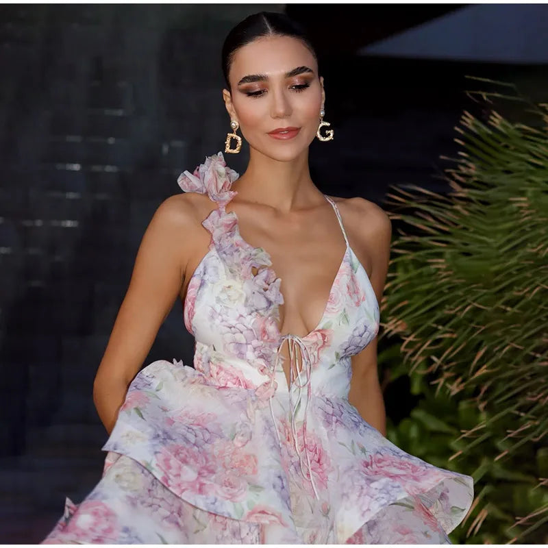 Vestido corto de gasa rosa dulce para mujer, moda con flores en 3D, manga abombada grande, cuello en V, cintura alta, línea A, Vestidos en capas, batas de señora nueva