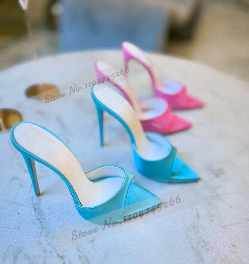 Cielo Azul Satén Tacón Alto Mules Rosa Borgoña Punta Puntiaguda Zapatillas Modernas Slip-On Vestido Elegante Sandalias Zapatos de Banquete Poco Profundos